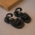 Elegant black girls' summer sandals featuring pearl ankle straps and soft flat soles - Size 26: 16.8cm / Black