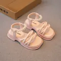 Pink girl's flat sandals with elegant pearl ankle straps and soft cross straps. - Size 26: 16.8cm / Pink