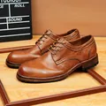 Retro brown horsehide leather derby shoes featuring a Goodyear welted leather sole - Brown