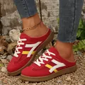 Red breathable mesh mule sneakers for women with stylish white and yellow stripes. - 35 / Red