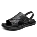 Schwarze Leder-Herren-Sandalen mit verstellbarem Riemen und weicher Sohle für draußen - 38 / Schwarz