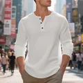 White waffle knit long sleeve Henley shirt for men with vintage button placket - S / Tops / White