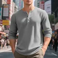 Mens retro grey waffle knit Henley long sleeve t-shirt with classic button placket - S / Tops / Light Gray