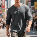 Mens heavy waffle knit long sleeve Henley shirt in dark gray for casual autumn winter wear - S / Tops / Dark Gray
