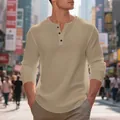 Men's heavy weight waffle knit Henley long sleeve shirt in classic khaki finish - Khaki