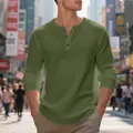 Men's heavy olive green waffle knit long sleeve Henley shirt with button detail - Army Green