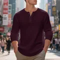 Premium men's heavyweight burgundy waffle knit henley long sleeve t-shirt in deep plum - Burgundy