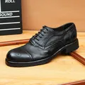 Vintage black horsehide leather brogue oxford shoes with decorative carved details - 38 / Black