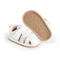 Detail view of white breathable baby pre-walker sandals with pebble-textured rubber sole - Insole Length 11cm / White