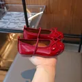 Elegant red patent leather girls' princess shoes with sweet bow detail and strap - Size 23 Inner Length 14cm / Red