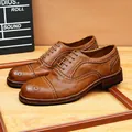 Retro washed brown horsehide brogue oxford shoes for men with Goodyear-welted leather sole - 38 / Brown