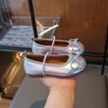 Shiny silver metallic girls' bow Mary Jane shoes, elegant toddler princess style flats. - Size 23 Inner Length 14cm / Silver