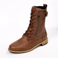 Modische braune mittelhohe Schnürstiefel aus Kunstleder mit Reißverschluss und Schnalle - 36 / Braun