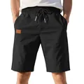 Detail of men's black drawstring shorts featuring breathable twill fabric and patch - S / Bottoms / Black