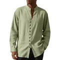 Detailed shot of breathable men's long-sleeve mandarin collar casual shirt in sage green - Army Green