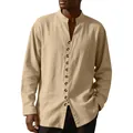 Detail of a men's breathable linen-look long-sleeve shirt with a stand collar and button placket - Khaki