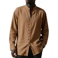 Detailed view of brown men's long-sleeve casual shirt with stand collar and buttons - Coffee