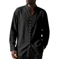 Close-up of black men's long-sleeved linen shirt with stand collar and wood buttons - Black