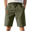 Détail de face d'un short décontracté en sergé vert olive avec cordon à la taille - Vert Militaire