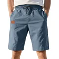 Front view detail of men's breathable twill blue casual shorts for summer beach - S / Bottoms / Denim Blue