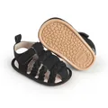 Macro view of black braided baby boy sandals featuring a non-slip textured rubber sole - Insole Length 11cm / Black