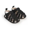 Detailed view of black braided baby sandals with breathable design and velcro - Insole Length 11cm / Black