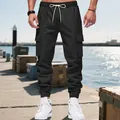 Casual black heavy fabric cargo pants for men featuring multiple pockets and drawstring - S / Bottoms / Black