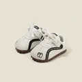 White infant walking sneakers with black accents and embroidered cute eyes detail - Size 17 (Inner Length 12.5cm) / Classic Dad Shoe Style (3205) / White