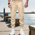 Men's heavy casual cargo joggers in beige with multiple pockets and drawstring waist detail - S / Bottoms / Light Khaki