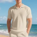Polo da uomo a maniche corte in maglia a nido d'ape beige con vestibilità comoda - Kaki
