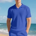 Polo da uomo in maglia a nido d'ape blu con maniche corte e design con colletto aperto - Blu zaffiro