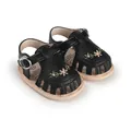 Close-up of black baby girl sandals with flower embroidery and adjustable buckle strap - Insole Length 11cm / Black