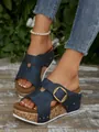Detailweergave van de donkerblauwe plateau-sandalen met verstelbare gespriem - Saffierblauw