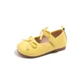 Bright yellow glossy girls Mary Jane shoes featuring double bow accents and soft flat soles - Size 23 Inner Length 14.2cm / Yellow