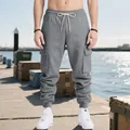 Full view of men's heavyweight grey cargo sweatpants featuring drawstring and side pockets - S / Bottoms / Dark Gray