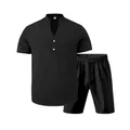 Completo da uomo in lino nero con maglia Henley e pantaloncini vestibilità ampia - Nero