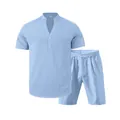 Completo 2 pezzi uomo in lino con camicia Henley a maniche corte e pantaloncini blu - Azzurro