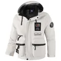 Men's casual off-white hooded parka jacket with outdoor utility pockets and patches - XS (EU Size) / Tops / White