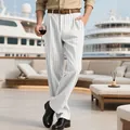 Full length view of men's white striped linen casual trousers worn on a yacht deck - S / Bottom (CFT-10-C) / White