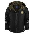Stylish black men's hooded jacket with gold emblem and checkered lining detail. - EU S / Tops / Black