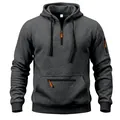 Close-up of a charcoal grey men's heavy fleece hoodie with orange zipper details - M / Tops / Dark Gray