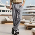 Detail of grey pinstriped linen casual pants on model with luxury yacht background - S / Bottom (CFT-10-C) / Gray