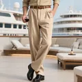 Close-up of men's striped linen trousers in a luxury yacht setting, breathable fabric - S / Bottom (CFT-10-C) / Khaki