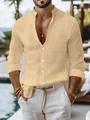 Premium men's casual linen shirt with stand collar and long sleeves in sandy beige - S / Tops / Khaki