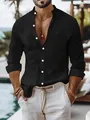 Detailed view of the mandarin collar and black cotton-linen texture on a men's casual shirt - S / Tops / Black