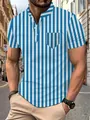 Close-up view of blue and white vertical striped men's polo shirt with chest pocket detail - S / Tops / Sky Blue