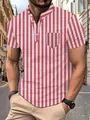 Detail view of a men's stylish red and white vertical striped short sleeve polo shirt - Orange Red