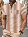 Detailed close-up showing orange and white vertical stripes on a stylish men's polo shirt - S / Tops / Orange