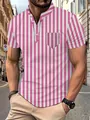 Detailed view of pink and white vertical striped men's polo shirt with a chest pocket - Pink