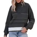 Stijlvolle gestreepte color-block gebreide trui met halve knoopkraag en lange mouwen - S / Tops / Zwart